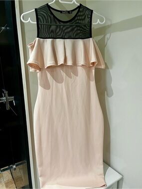 Boohoo Blush Cream Midi Dress with Black Mesh Yoke